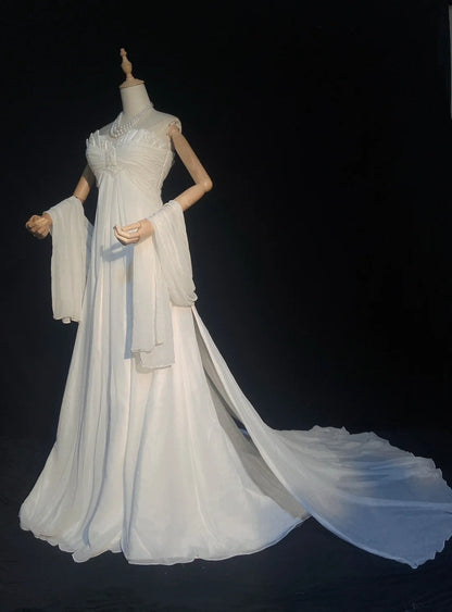 Robes de mariée uniques Ligne A Bustier Cœur Bohème en Mousseline avec Écharpe Robe de Mariée Longue Blanche N3397