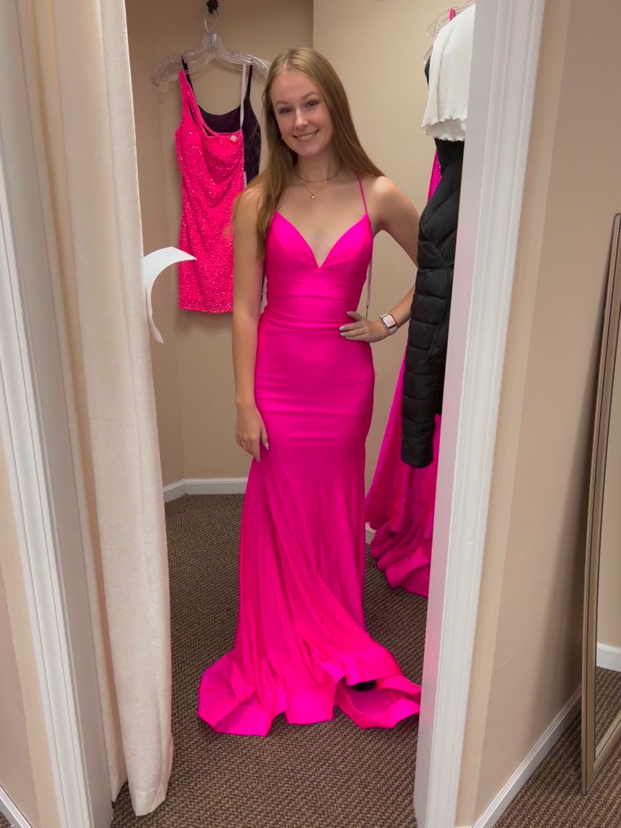 Elegantes Meerjungfrauen-Spaghettiträgerkleid aus pinkfarbenem Satin für Damen – langes, formelles Ballkleid, Outfit zum 22. Geburtstag AB1401