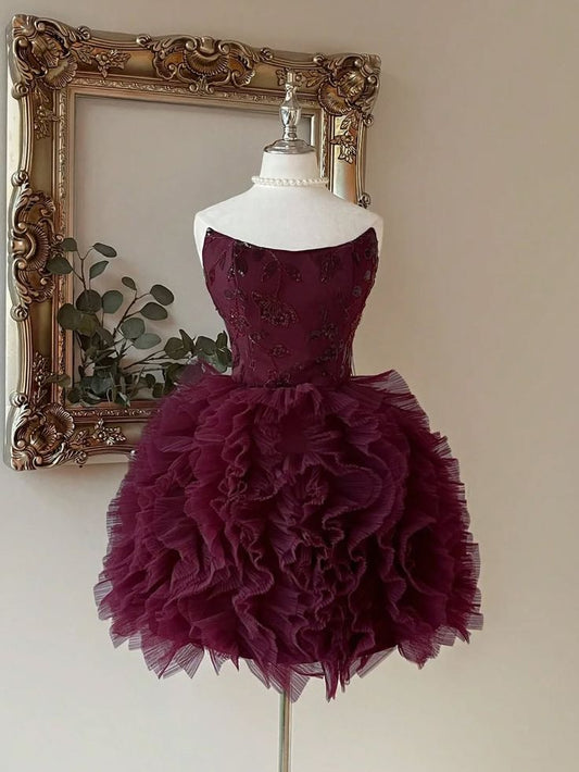 Modest Ball Gown Strapless Burgundy Tulle Short With Lace Homecoming Dress Inspo Ideas Mini Party Dresses RB6909