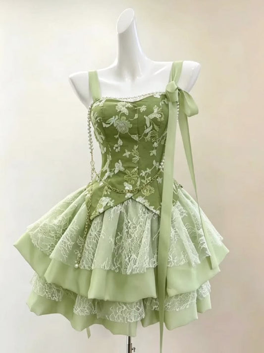 New Fashion Green Appliqued A-line Tiered Party Dresses Homecoming Dress Party Outfits RB6405