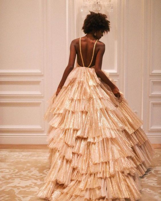 Robe de bal luxueuse dorée plissée à plusieurs couches, robe de soirée pour quinceañera N801