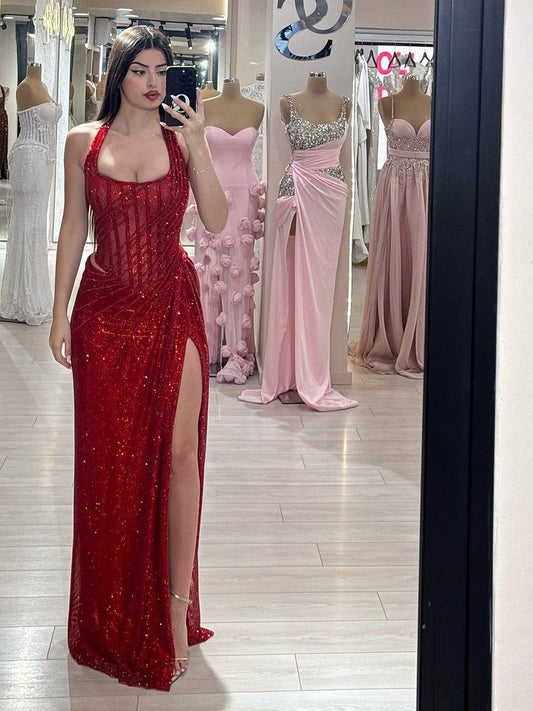 Classy Mermaid Halter Burgundy Sequins With Slit For Women Party Dress Long Formal Prom Dresses 18th Birthday Gowns AB1409