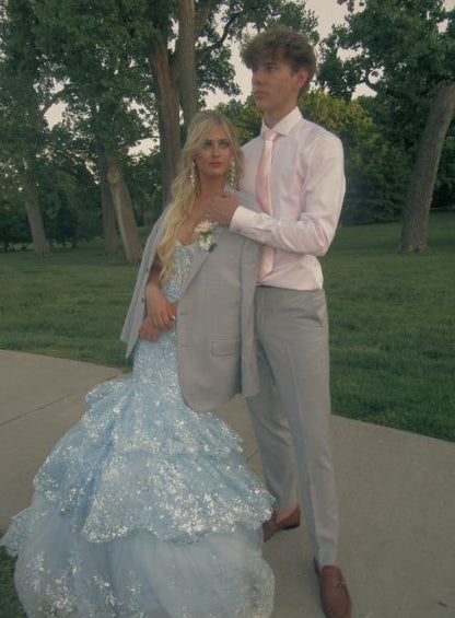 Robe de soirée longue sirène en tulle bleu à épaules dénudées et applications de dentelle superposées, N600