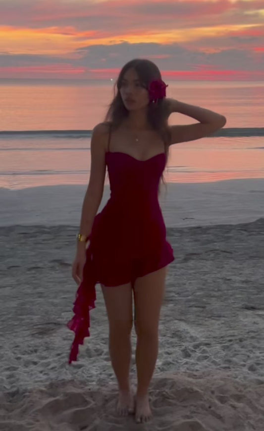 Sexy Sheath Spaghetti Strap Red Chiffon Hoco & Homecoming Dress Party Dresses RB6509
