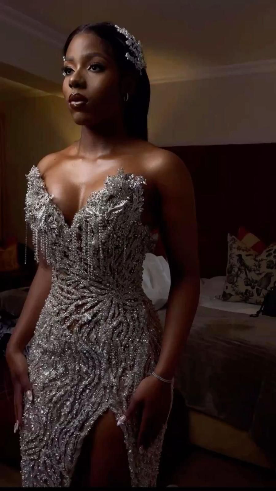 Sparkly Prom Dresses Mermaid Sweetheart Silver Beaded Sequined Slit For Women Long Party Evening Formal Gown RC1187
