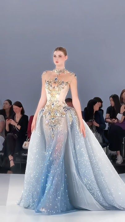 Elegantes, langes Meerjungfrauen-Abendkleid mit hohem Kragen aus blauem Tüll und goldenen Perlen – Inspiration für formelle Anlässe und Partys (AB1218)