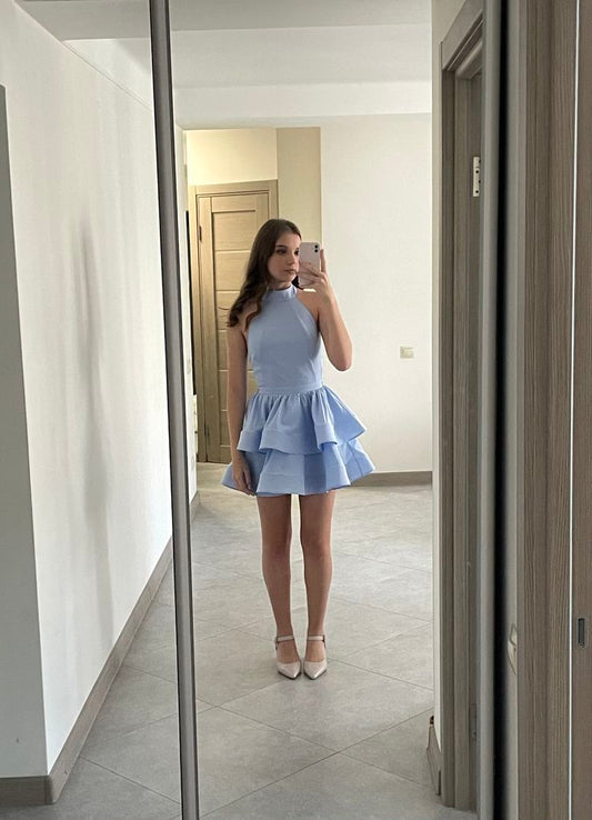 Romantic Ball Gown Halter Light Blue With Layered Satin Cocktail Dress Homecoming Dresses Hoco Outfits RB4731