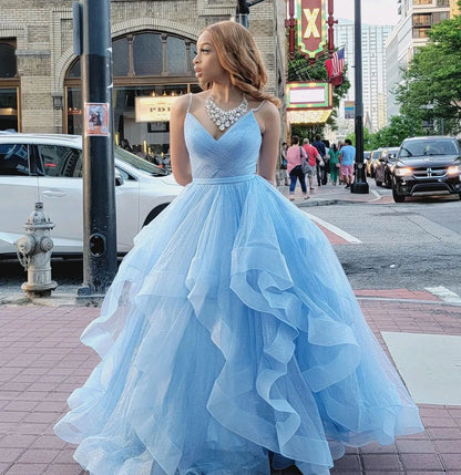 Sexy Ball Gown Spaghetti Straps Light Blue Tulle Prom Dresses Inspiration Prom Dress Princess Party Birthday Graduation Dress B380