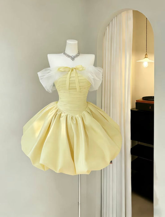 Cute Ball Gown Off The Shoulder Yellow Satin Short Mini 18th Birthday Party Homecoming Dresses RB6348