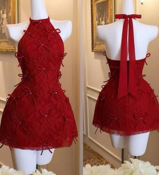 Niedliches A-Linien-Kleid mit hohem Halsausschnitt, rotes Spitzen-Mini-Abschlusskleid, kurze Oberstufen-Heimkehr-Outfits RB3678