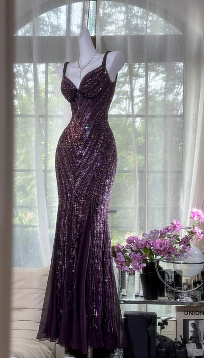 Robe de soirée longue sirène en mousseline violet foncé à sequins et col en V, style vintage, référence N875