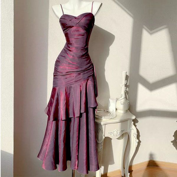 Robe de bal longue sirène sexy à fines bretelles en satin couleur raisin, robe de soirée, tenue pour un 19e anniversaire, robe de remise de diplôme N880