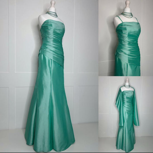 Bescheidenes Meerjungfrauenkleid mit Trägern, grünem Satin und Umhang, ärmelloses, langes Abendkleid, Ballkleid zum 18. Geburtstag N2418
