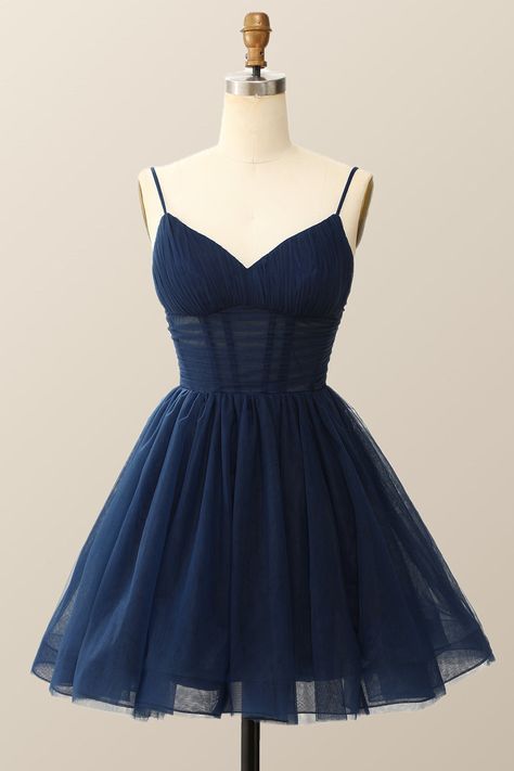 Simple Ball Gown Spaghetti Strap Navy Blue Mini Hoco & Homecoming Dress Ideas Senior High Schools Party Dresses RB6510