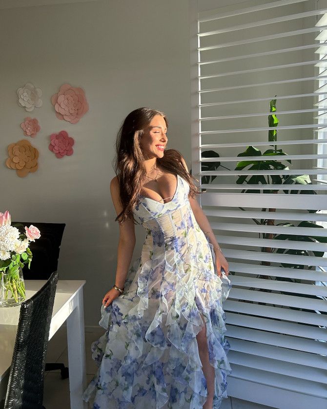 Floral Ruffle Maxi Dress Blue Sleeveless Floor Length Backless Prom Dresses AB620