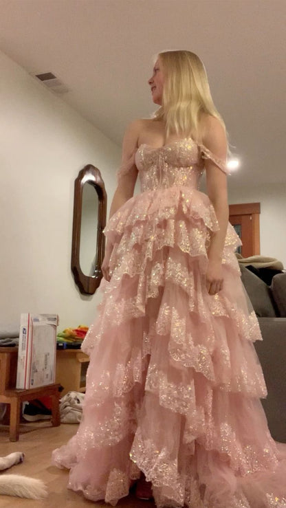 Fairytale Pink Prom Dress Ball Gown Off The Shoulder Lace Layers Princess Party Evening Formal Gown RC1164