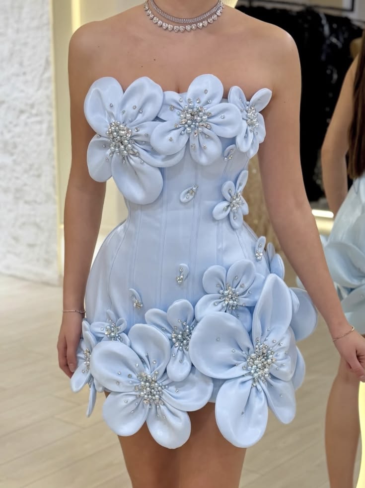 Elegant Sheath Tight Bodycon Strapless Blue With 3D Flowers Short Inspo Hoco Dress Ideas Homecoming Dresses RB4133