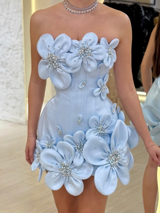 Beautiful Short Homecoming Dresses Sheath Strapless Light Blue Semi Formal Graduation Hoco Outfit RB4664