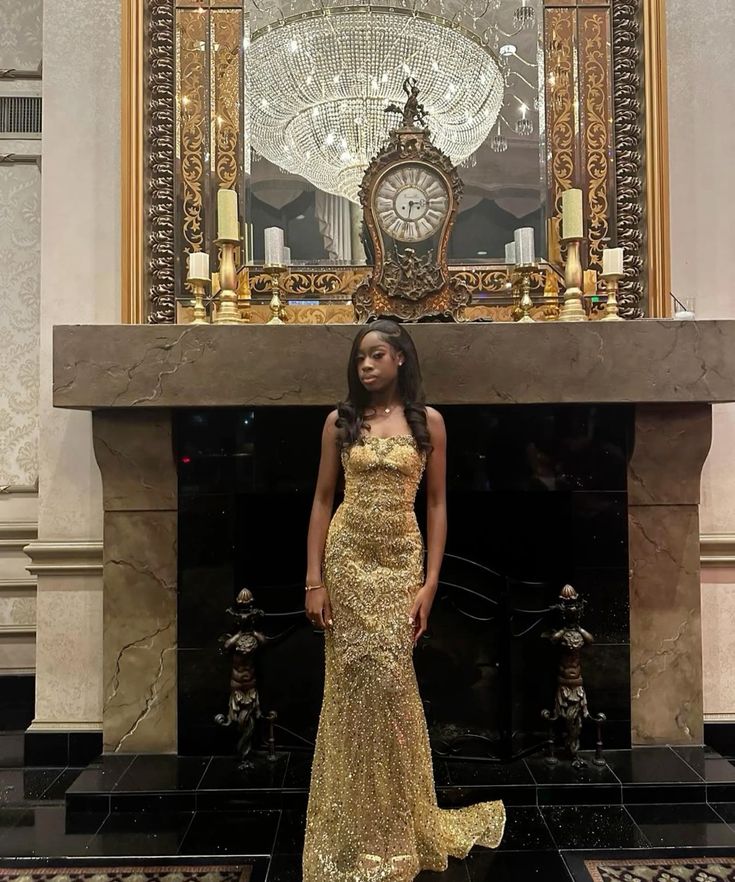 Robe de bal longue dorée à décolleté cœur sirène scintillant pour jeunes filles noires, avec corsage perlé N631