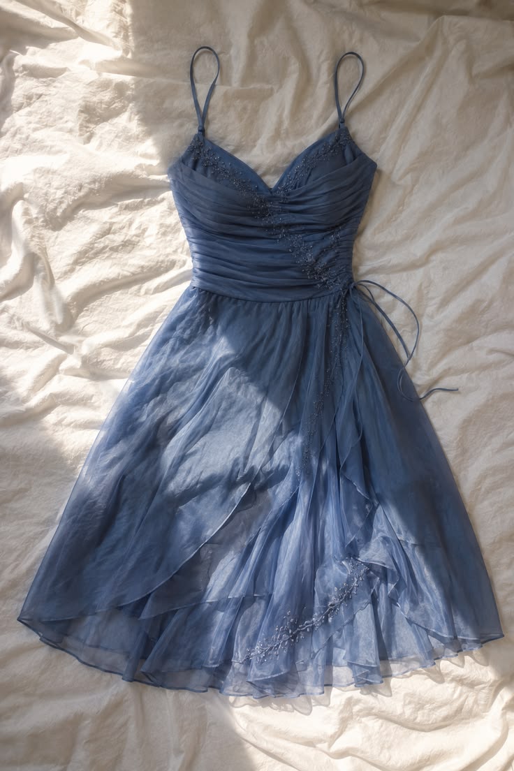 Vintage A Line Spaghetti Straps Dusty Blue Short Homecoming Dress Lace Hoco Dress RB9311