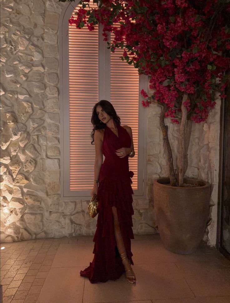 Modest Night Aesthetic Sheath Halter Burgundy Chiffon Ruffles College Formal Outfit Long Prom Graduation Dresses For Teens N1112