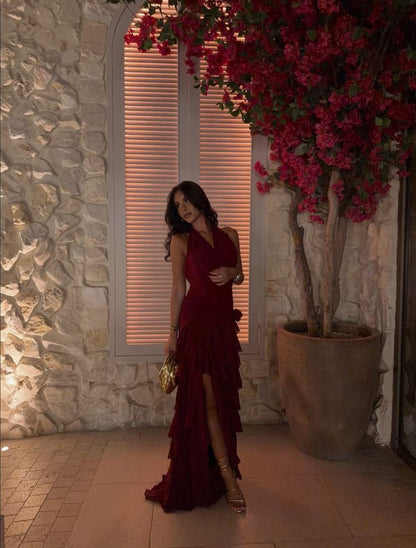 Modest Night Aesthetic Sheath Halter Burgundy Chiffon Ruffles College Formal Outfit Long Prom Graduation Dresses For Teens N1112