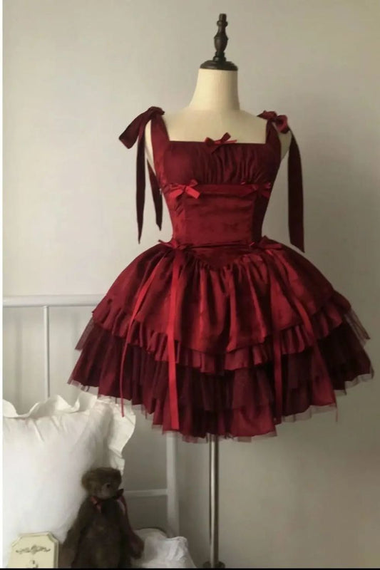 Unique Ball Gown Straps Burgundy Short Mini Hoco & Homecoming Dress Inspo Graduation Dresses RB6514