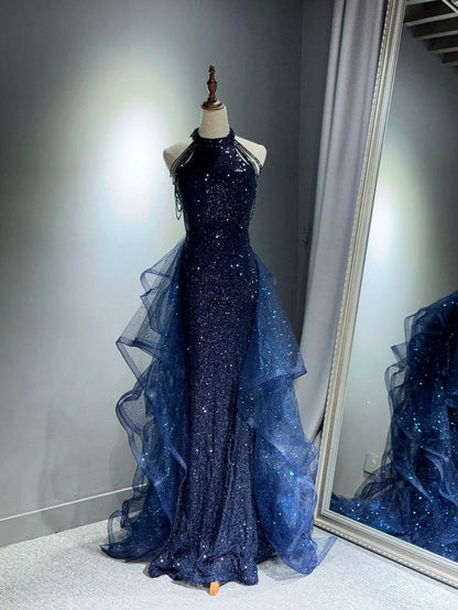Marineblaues Pailletten-Abendkleid im Meerjungfrauenstil, langes Ballkleid AB680