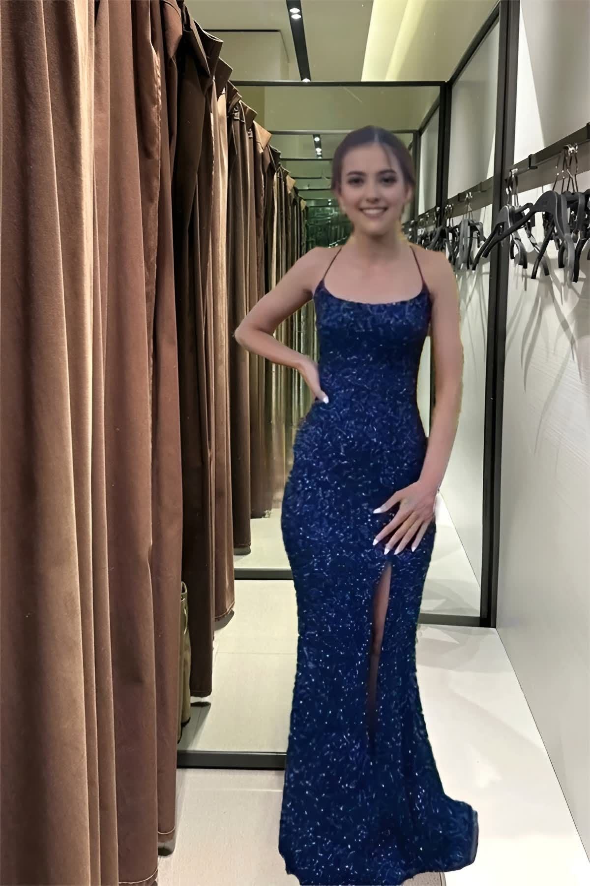 Marineblaue Pailletten-Abendkleider im Meerjungfrauen-Stil mit gekreuztem Rückenausschnitt AB679