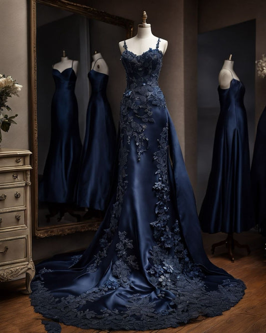 Einzigartiges Ballkleid, marineblau, Satin mit Spitze, langes Abendkleid mit Herzausschnitt, Inspiration für formelle Abendgarderobe AB747