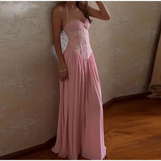 Prinzessin A-Linie Neckholder Spitze Pink Chiffon Perfektion – Formelles Abendkleid Traum langes Abschlussballkleid Abendparty formelle Outfits RB6730