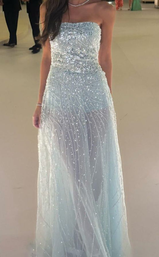 Glitzerndes A-Linien trägerloses hellblaues Pailletten ärmelloses langes Abendkleid Ballkleid zum 21. Geburtstag N2408