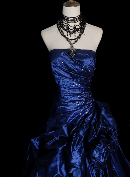 Vintage Ballkleid, trägerlos, marineblau, Satin, langes Abendkleid für Abschlussball, Abiball, Kostüme N035