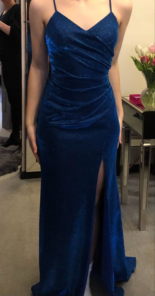 Sparkly Mermaid Spaghetti Straps Sleeveless Royal Blue Long Formal Dresses Slit Sequins Prom Dress AB950