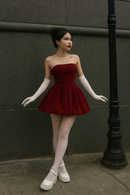 Sexy Ball Gown Strapless Burgundy Satin With Ruffled Gloves Freshman Short Graduation Dresses Inspo Senior Homecoming Outfits RB4736