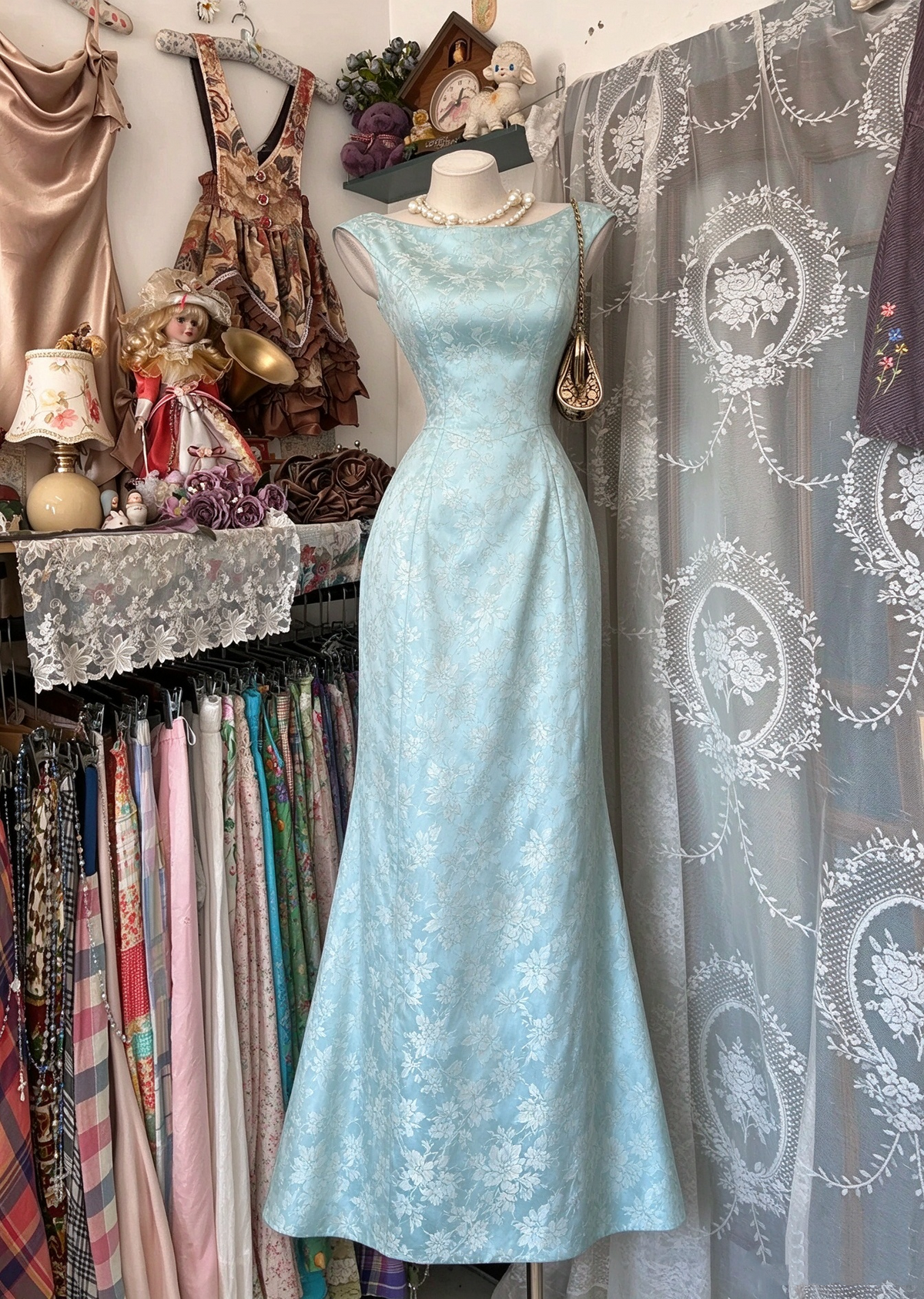 Modest Prom Dresses Mermaid Scoop Blue Satin Floor Length Long Formal Dress RC1294