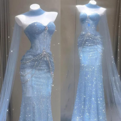 Glittery Mermaid Ice Blue Glitter Corset Gown Sequin Long Prom Dresses Impress 18th Birthday Outfits Evening Gowns RB8939