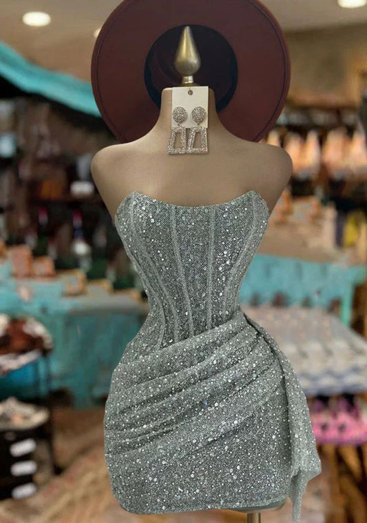 Sparkly Sheath Strapless Grey With Ruffled Cocktail Dress Short Mini Homecoming Dresses RB6347
