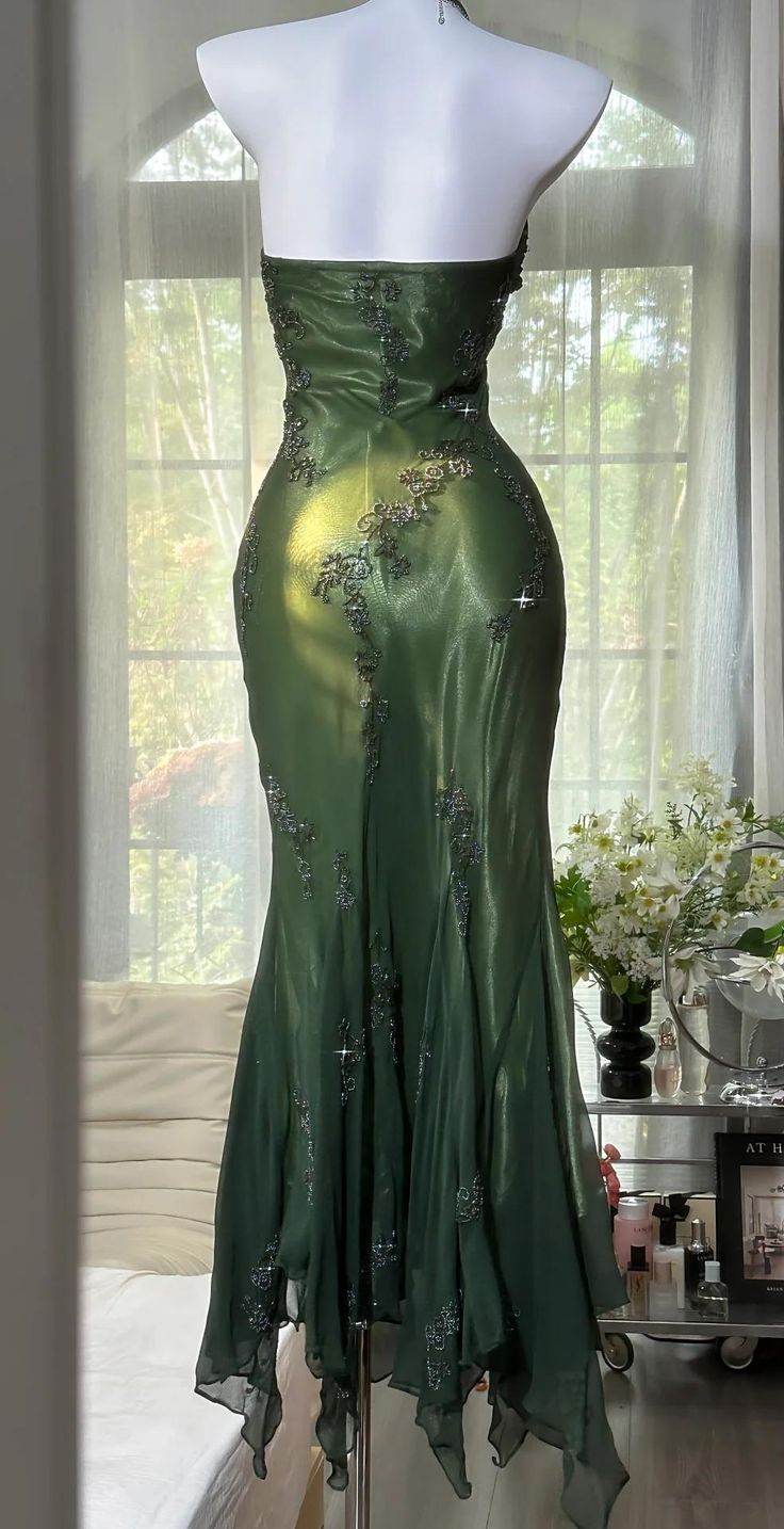 Vintage Meerjungfrauen-Abendkleid mit Neckholder, Chiffon, Perlenbesatz, dunkelgrün, langes formelles Kleid, Abschlusskleid N1617