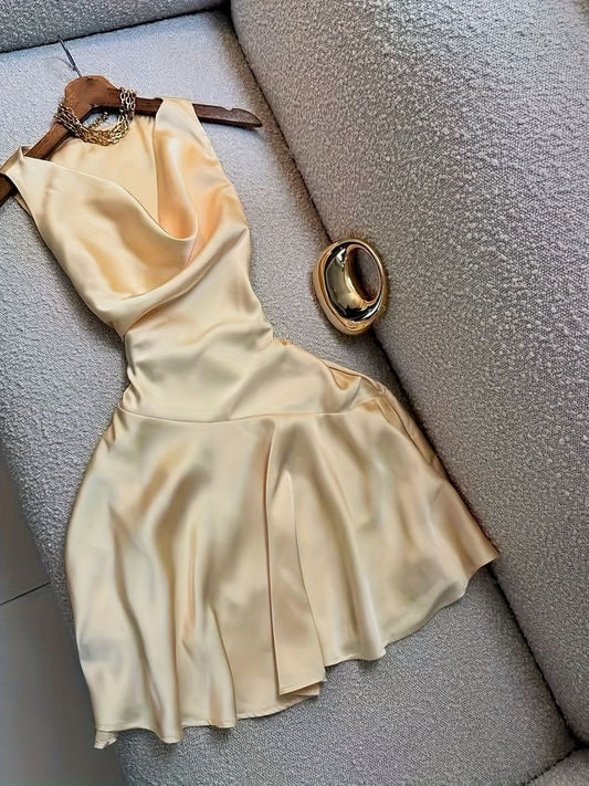Simple A line Cowl Neck Gold Satin Mini Hoco & Homecoming Dress Ideas Senior High Schools Party Dresses RB6513