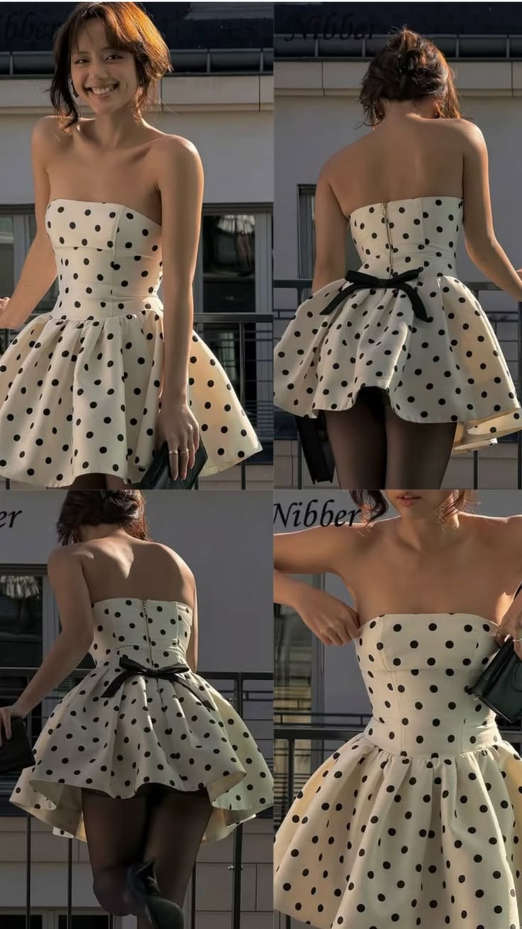 Sexy Homecoming Dresses Outfit inspo Ball Gown Strapless Black Polka Dots Hoco Dress Cocktail Outfits RB9215