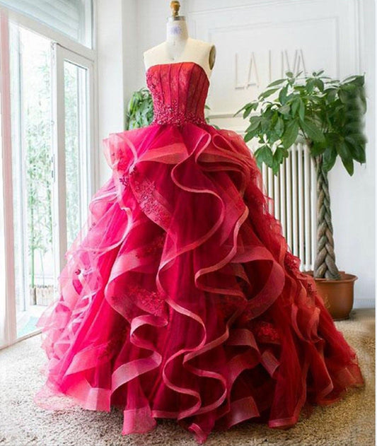 Robe de bal élégante sans bretelles en tulle rouge et dentelle, inspiration pour femmes et jeunes filles, robe de soirée longue AB1817