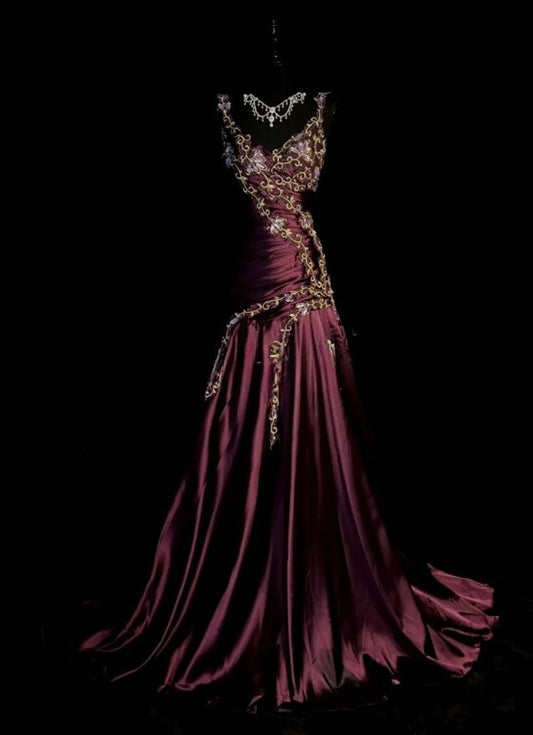Elegantes, traubenfarbenes Abendkleid mit V-Ausschnitt, A-Linie, langes Kleid, Stickerei, Satin, ärmellos, Prinzessinnenkleid N776