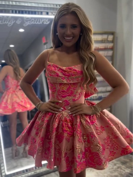 Cute Fuchsia Floral Lace Spaghetti Strap Homecoming Dress with Bow RB6310