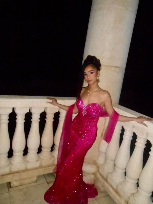 Sparkly Mermaid Sweetheart Pink Sequin Long Prom Dress Inspiration With Scarf Party Senior Dance Formal Dresses RB8665