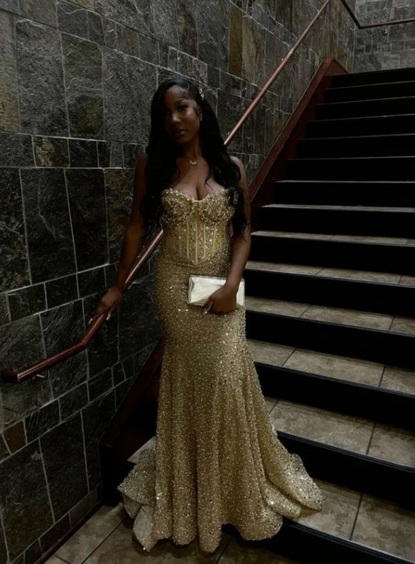 Elegantes, langes Meerjungfrauen-Abendkleid mit goldenen Pailletten und herzförmigem Ausschnitt, formelles Partykleid für Damen AB1528