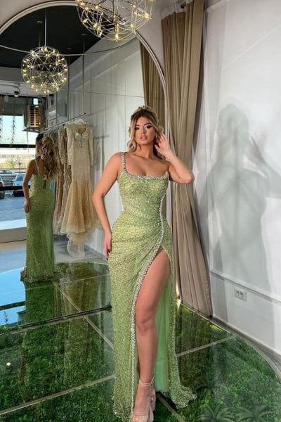 Exquisites salbeigrünes Meerjungfrauen-Abendkleid aus Satin mit Perlenstickerei, hohem Beinschlitz und Spaghettiträgern AB1538