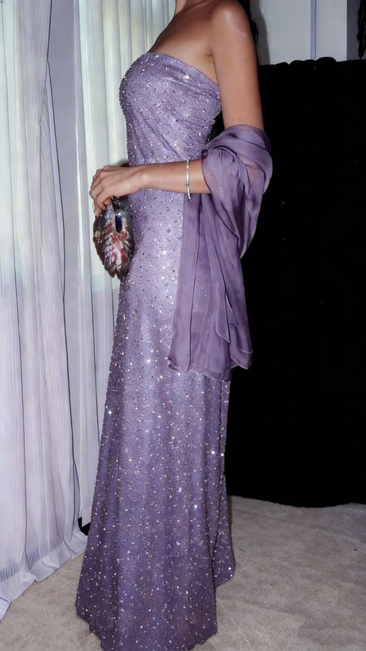 Glitzerndes, lila, trägerloses, paillettenbesetztes, langes Abendkleid mit Perlenbesatz und Schleife (N1504)
