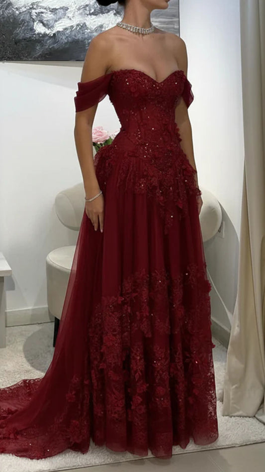 Schulterfreies, appliziertes A-Linien-Abendkleid aus Tüll mit Korsett-Schnitt N1506