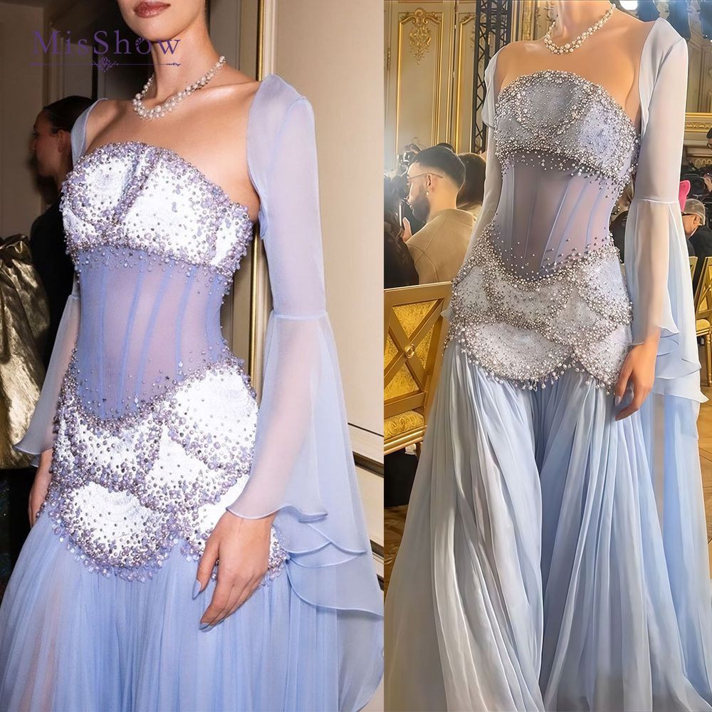 Luxuriöses hellblaues Chiffon-Abendkleid mit Perlenmuster, Prinzessinnen-Geburtstagskleid für Damen AB1455